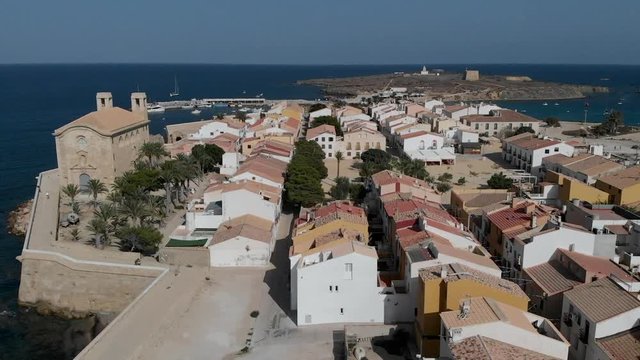Aerial view of townscape, church and harbour of Tabarca Island. Spain.