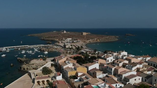 Aerial view of beach and harbor of Tabarca Island. Spain