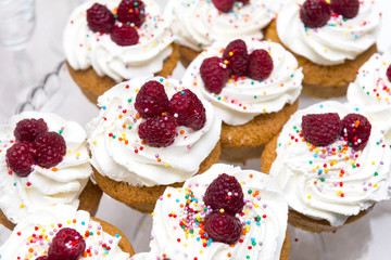 tray with biscuit cakes with cream and raspberry berries, sweet dissertation