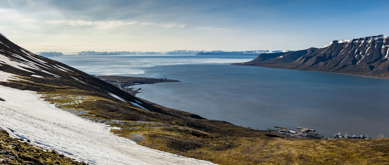 View to the Barent sea from a snowy mountain