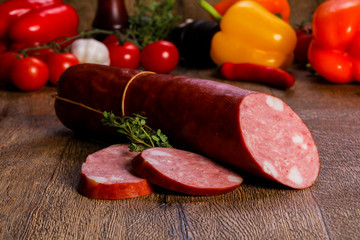 Pork sausages over wooden