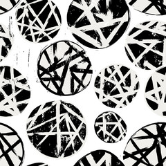 seamless geometric background pattern, with circles, paint strokes and splashes, black and white