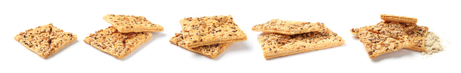 Set with grain cereal cookies on white background. Healthy snacks