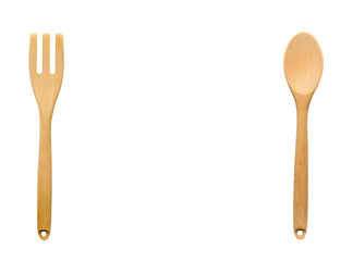 wood ladle and wood fork  isolated on white background. wood spoon and wood fork  of kitchen equipment 