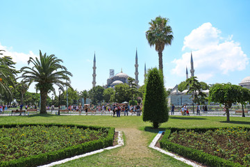 ISTANBUL, TURKEY - AUGUST 06, 2018: Beautiful garden near Sultan Ahmed mosque