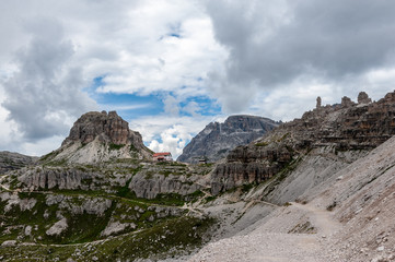 Fototapeta premium Rugged Mountain Ranges in Tre Cima Natural Park Area in the Italian Dolomites.