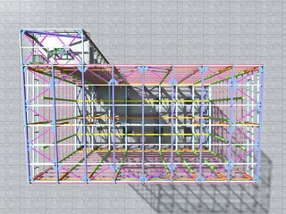 BIM model of a building made of metal structure. 3D architectural, construction, industrial and engineering background. Modern design drawings. 3D rendering.