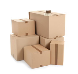 Cardboard boxes on white background. Moving day