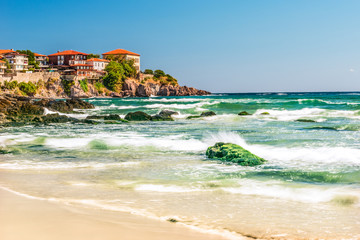 Fragment of the old town of Sozopol, Bulgaria. View of the bay on the Black Sea in the town.