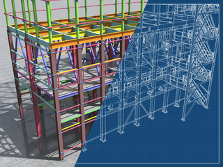BIM model of a building made of metal structure. 3D architectural, construction, industrial and engineering background. Modern design drawings. 3D rendering. Blueprint.