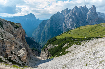 Rugged Mountain Ranges in Tre Cima Natural Park Area in the Italian Dolomites.