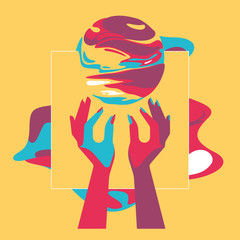 two hands and fantasy ball, pop art style, contrast colors, flat illustration, dreamland, fantasy world