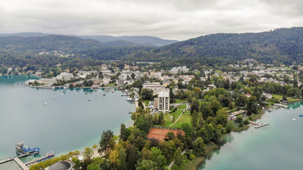 Aerial view of Portschach Am Worthersee small town on beautiful lake Worthersee in Austria