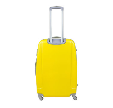 Yellow suitcase isolated on white background. Polycarbonate suitcase isolated on white. Yellow suitcase.