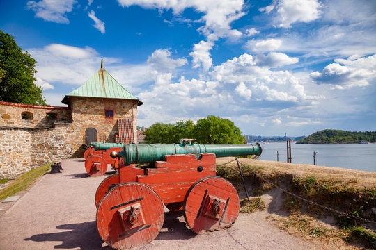 Restored muzzle-loading cannons at Akershus Castle and Fortress Oslo Norway Scandanavia