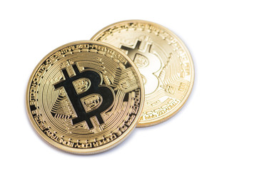 Golden bitcoin isolated on white