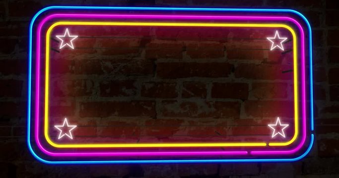 Neon background light frame on brick wall 4K loopable animation. 3D flight over electric rectangles and stars on wall concept. Retro style textless seamless motion background.