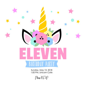 Birthday party invitation with unicorn. Eleven