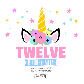 Birthday party invitation with unicorn. Twelve