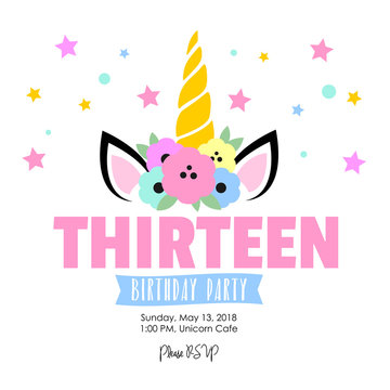 Birthday party invitation with unicorn. Thirteen
