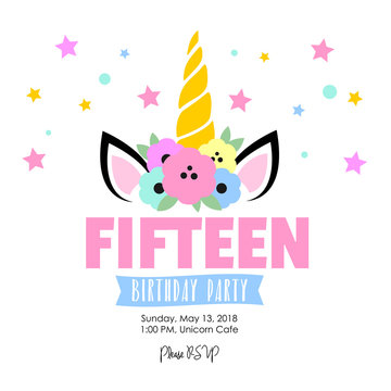Birthday party invitation with unicorn. Fifteen.