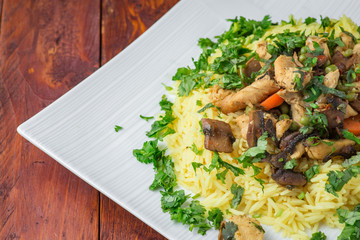 Plate of tasty rice with chicken meat