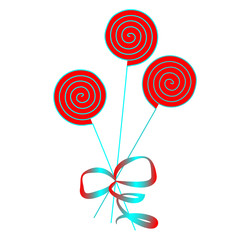 Three lollipops on a stick, bandaged with a ribbon isolated on a white background