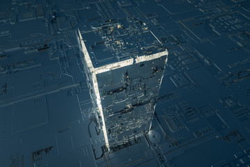 3d rendering, Circuit board and gold glow chip