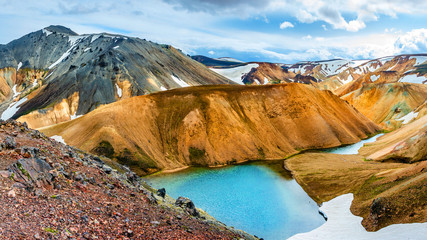 Beautiful colorful volcanic mountains Landmannalaugar in Iceland, earth formation, dramatic landscape