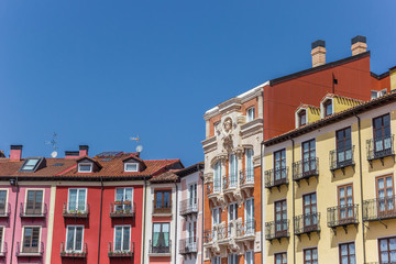 Fototapeta na wymiar Colorful houses at the Plaza Mayor square in Burgos, Spain