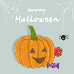 Happy Halloween. Pumpkin, candy and a spider. Greeting card, invitation. Cartoon. Elements for your design.