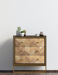 Modern interior with dresser.Wall mock up. 3d illustration.