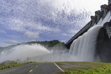 Dam water release. Water overflows during the rainy season. Khun Dan Prakan Chon dam in thailand.
