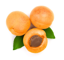 Apricot fruits with leaves isolated on white background macro