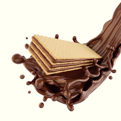 Crispy cookie Chocolate wafer with chocolate syrup splashing on white background.