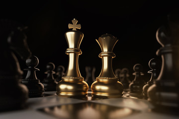Golden King and Queen Chess piece Concept for business competition and strategy.