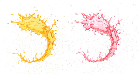 Splash of orange and strawberry fruit juice, 3d illustration.