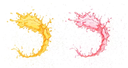 Gordijnen Splash of orange and strawberry fruit juice, 3d illustration. © Anusorn
