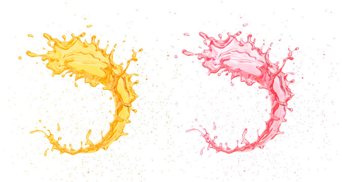 Splash of orange and strawberry fruit juice, 3d illustration.