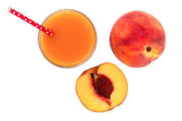 peach juice isolated on white background. Top view. Flat lay pattern