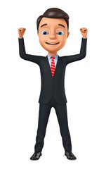 Businessman celebrates the victory by raising his hands up on a white background. 3d render illustration.