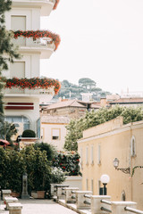 Views of the city of Sorrento in Italy, panorama and top view. Night and day, the streets and the coast. Beautiful landscape and brick roofs. Architecture and monuments of antiquity. Shops and street