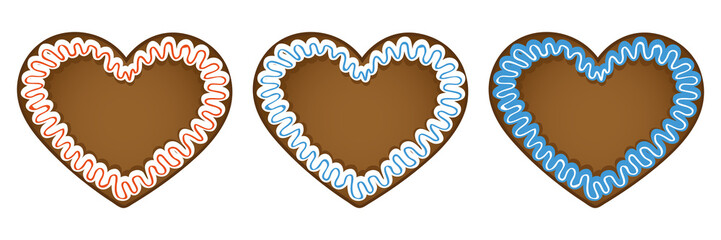 set of three gingerbread hearts in different colors