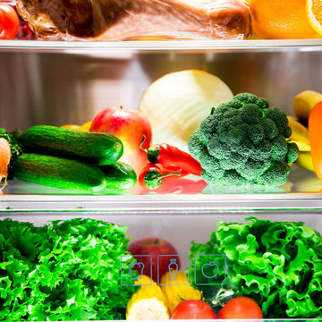 Open fridge. Healthy food. Vegetables and fruits