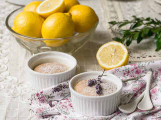 Citrus pudding served in ramekins with lavender