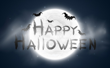 Naklejka premium Happy Halloween. The inscription in the style of grunge. Full moon with fog. Flying bats and a spider on a web. Terrible night. Vector illustration
