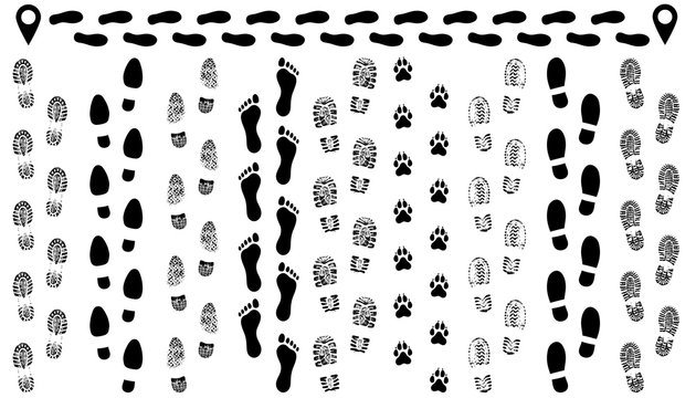 Footprint of shoes on the road, isolated set silhouette vector. Traces sole, imprint. Footstep, footwear