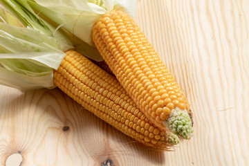 Two ripe corn combs on a wooden table