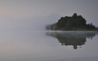 Beautiful sunrise on river in Russia in Moscow region