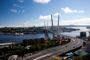 Fototapeta premium Golden cable-stayed bridge road car traffic from above. Modern Vladivostok Russia night illumination. Old and modern central buildings. 
